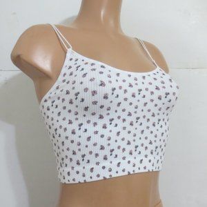 Forever 21 Ribbed Crop Top Tank Seamless White / Pink Floral - L